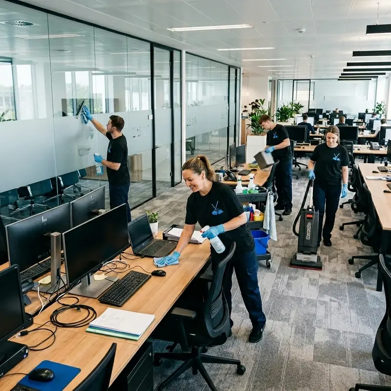 Plaza ofis katında cam bölme ve masa temizliği yapan ekip